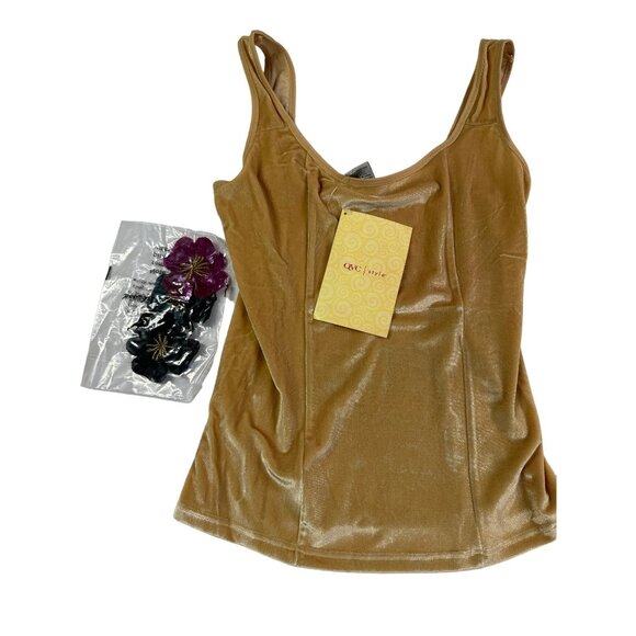 Kathleen Kirkwood Tops - Vintage Kathleen Kirkwood Gold Velvet Tank Size Small Sequin Flower Pins NEW